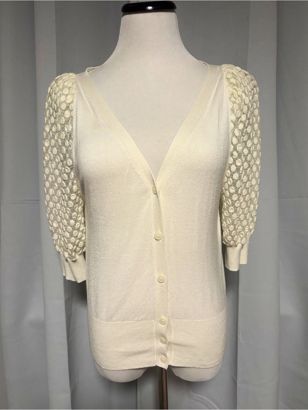 Express Cream Bubble-Sleeve V-Neck Cardigan Sweater